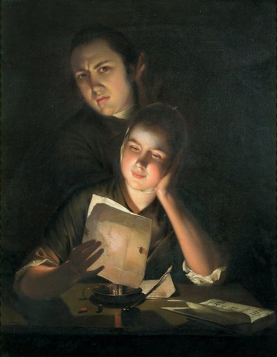 Ein Mädchen liest einen Brief bei Kerzenlicht, mit einem jungen Mann, der über ihre Schulter schaut, ca. 1760-62 von Joseph Wright of Derby